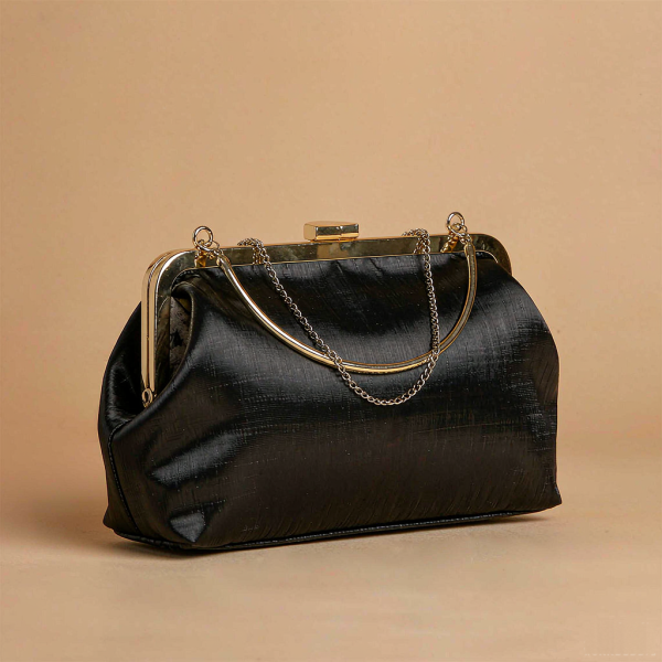 Versailles Satin Clutch - Black leather