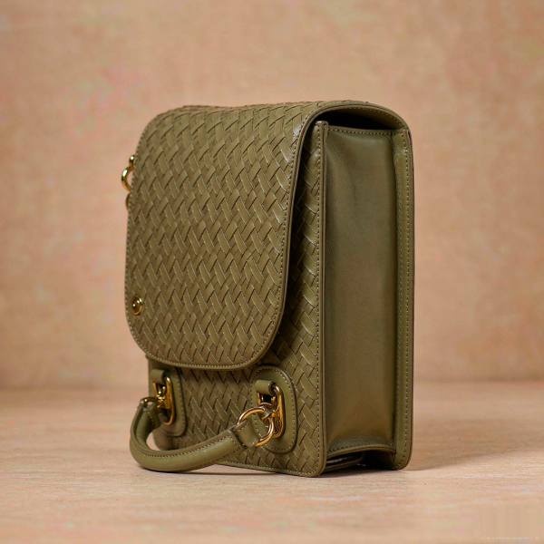Sambia Exotic-Texture Shoulder Bag - Olive Green leather