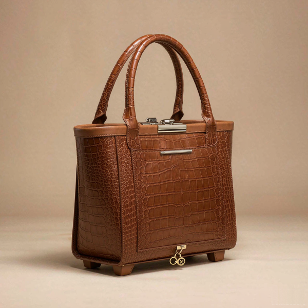 Aurora Crocodile-Embossed Tote - Cognac Brown leather